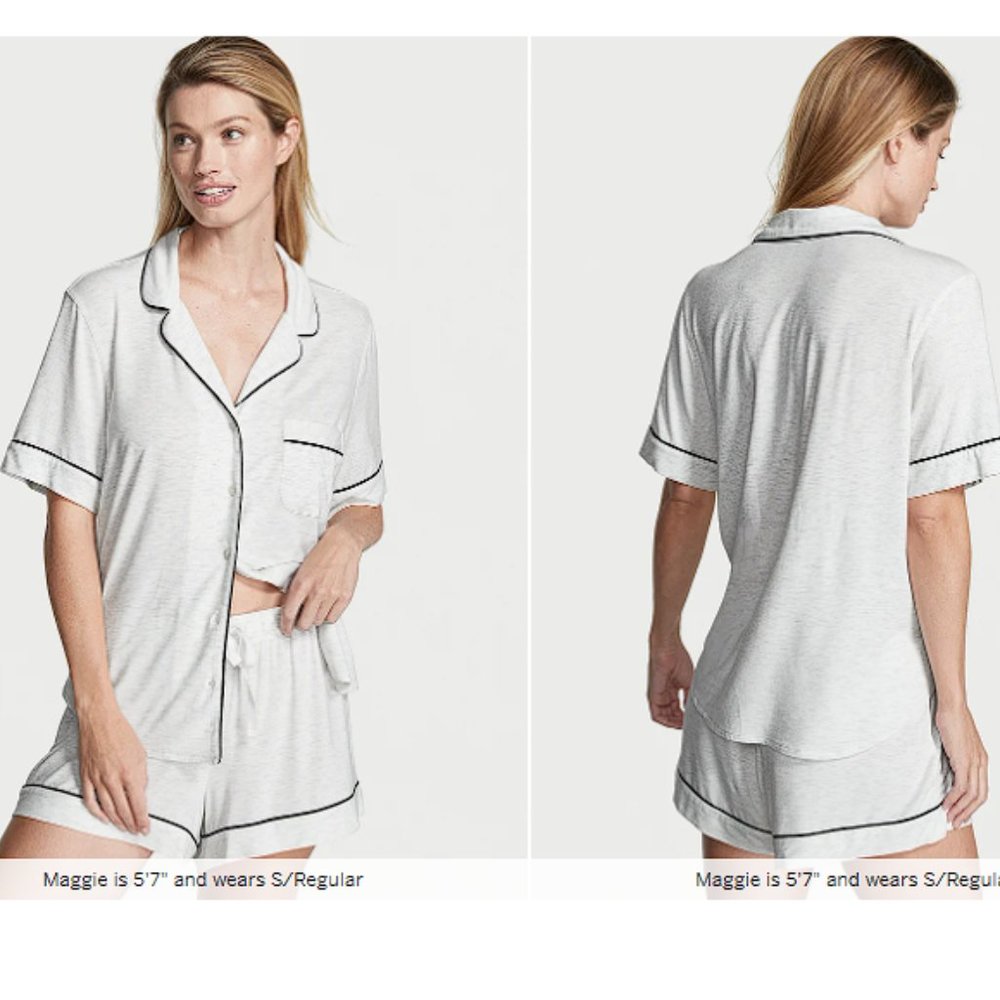 L VICTORIA'S SECRET Modal Short Pajama Set Snow Heathered Pink Piping NWT